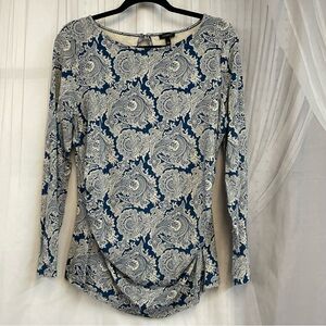 Talbots Blue Cream Paisley Long Sleeve Top Keyhole Quality Shirt Office L Large